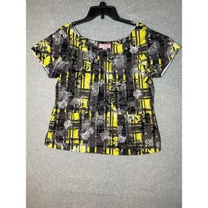 Koi Scrub Top Style 134PR Womens Large Yellow Gray Butterfly Flower Pleat